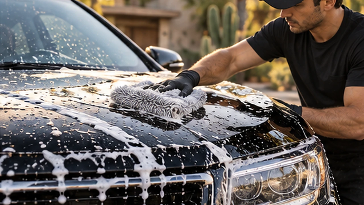 AI-generated illustration of a person moving a wash mitt over a soapy vehicle hood; not actual client work.