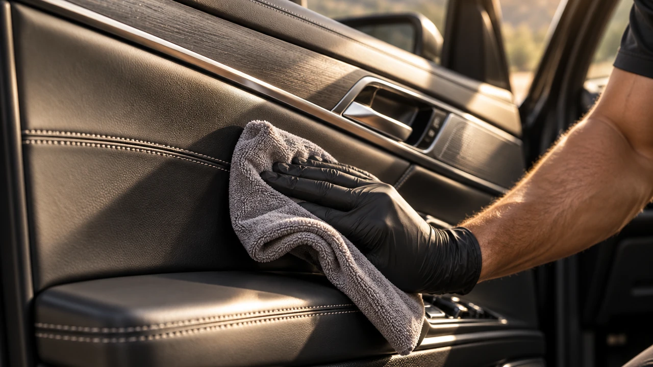 AI-generated illustration of a gloved hand wiping an interior door panel with a cloth; not actual client work.